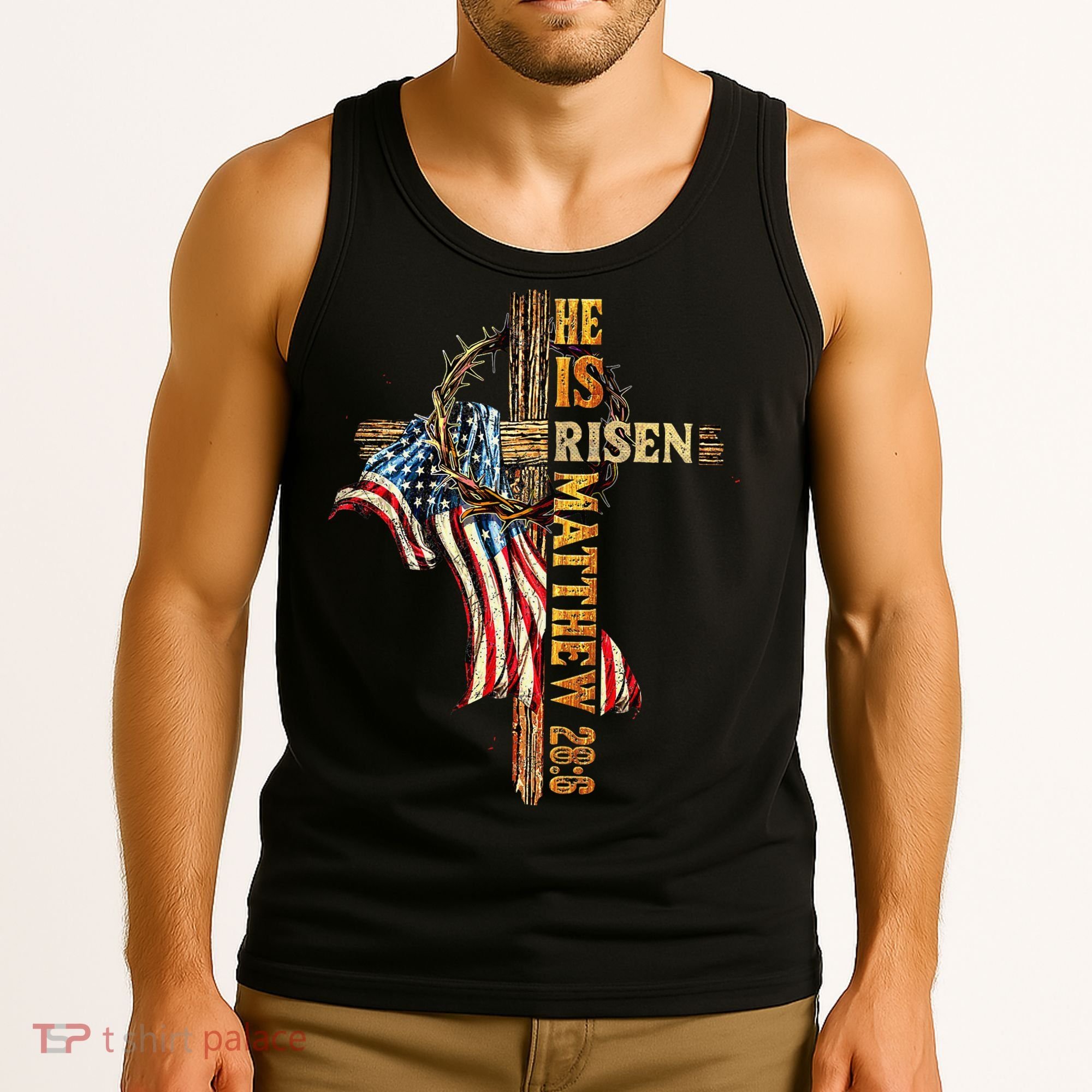 Easter Cross He Is Risen Jesus Christian USA Flag Women Tank Top