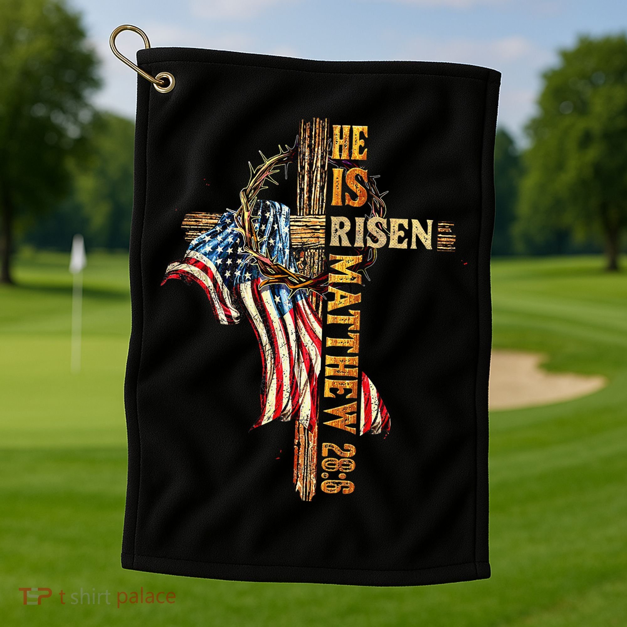 Easter Cross He Is Risen Jesus Christian USA Flag Women Golf Towel