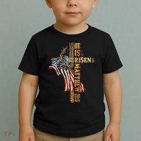 Easter Cross He Is Risen Jesus Christian USA Flag Women Toddler T-Shirt thumb 2