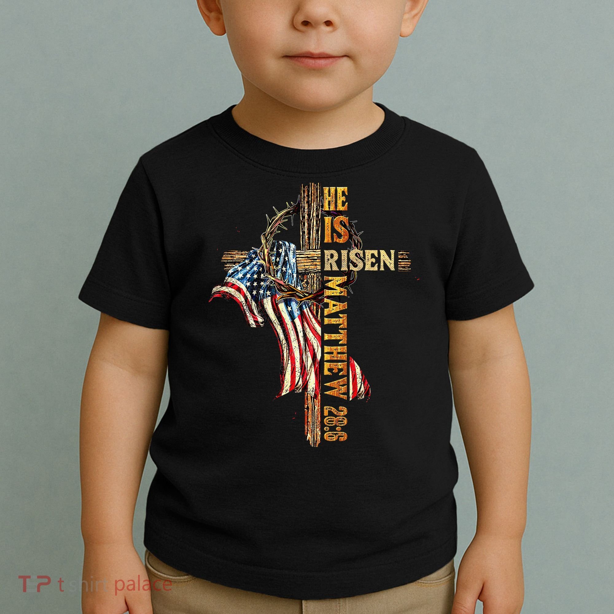 Easter Cross He Is Risen Jesus Christian USA Flag Women Toddler T-Shirt
