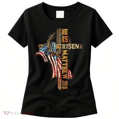 Easter Cross He Is Risen Jesus Christian USA Flag Women Women's T-Shirt