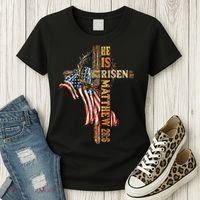 Easter Cross He Is Risen Jesus Christian USA Flag Women Women's T-Shirt thumb 3