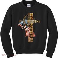 Easter Cross He Is Risen Jesus Christian USA Flag Women Kids Sweatshirt thumb 0