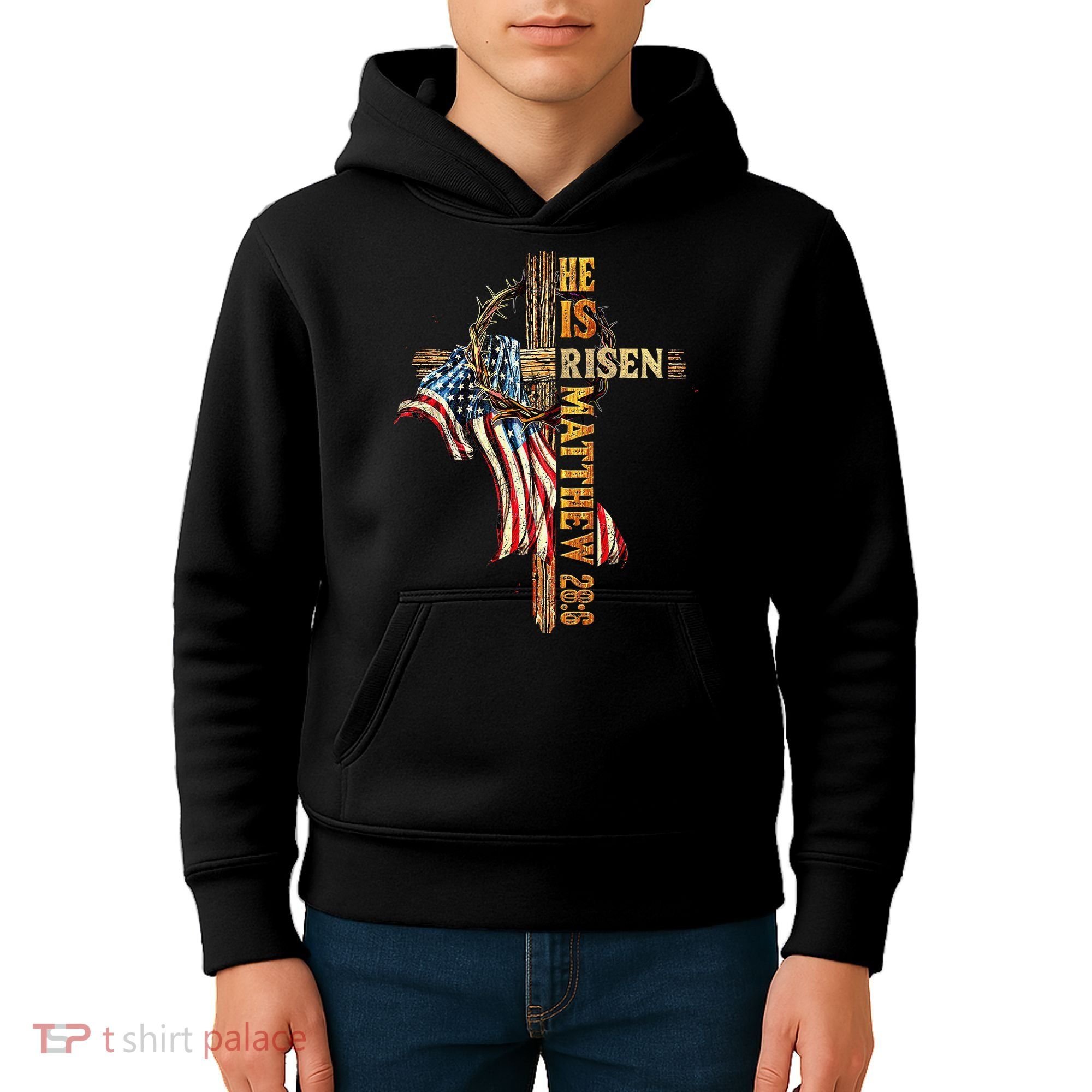Easter Cross He Is Risen Jesus Christian USA Flag Women Kids Hoodie
