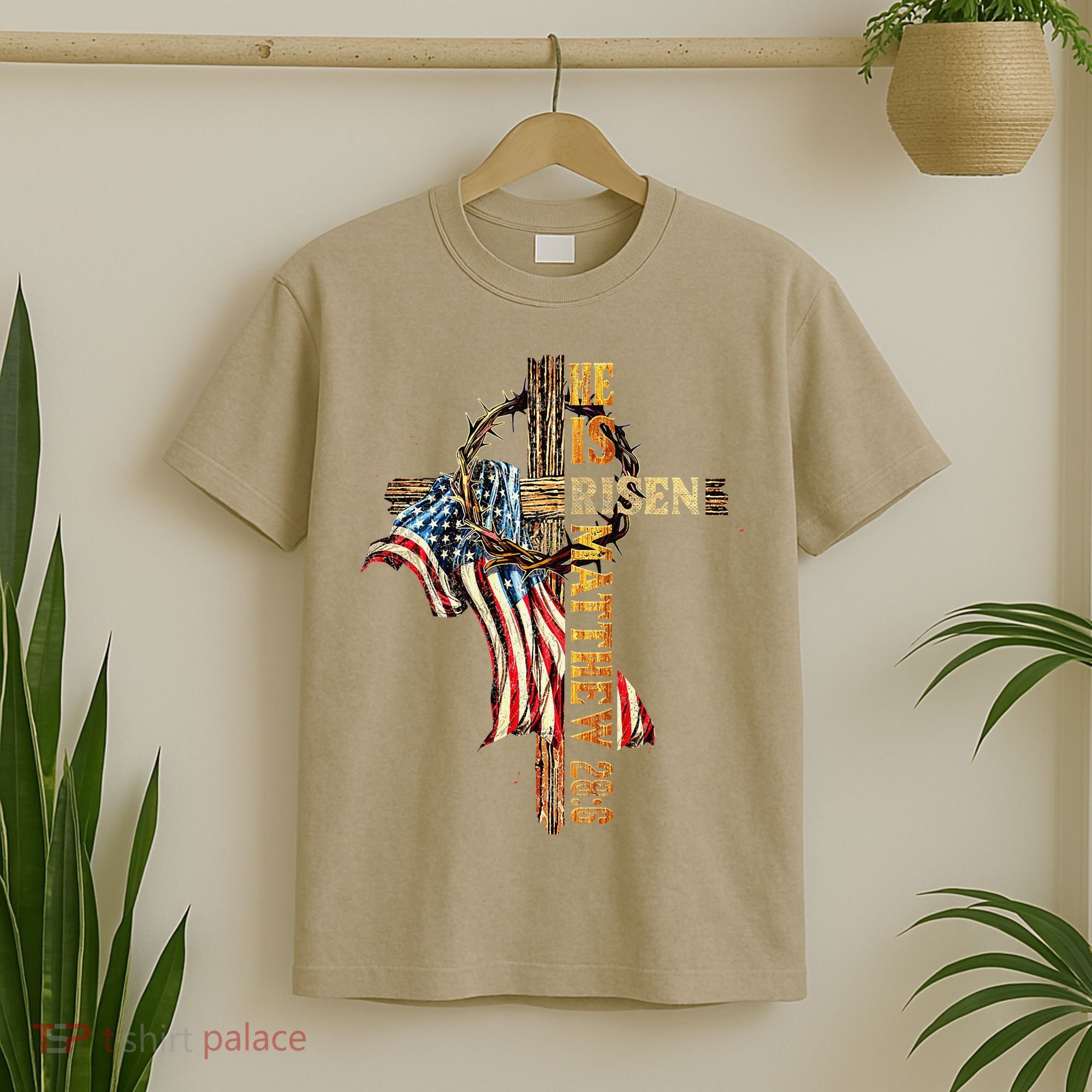 Easter Cross He Is Risen Jesus Christian USA Flag Women T-Shirt