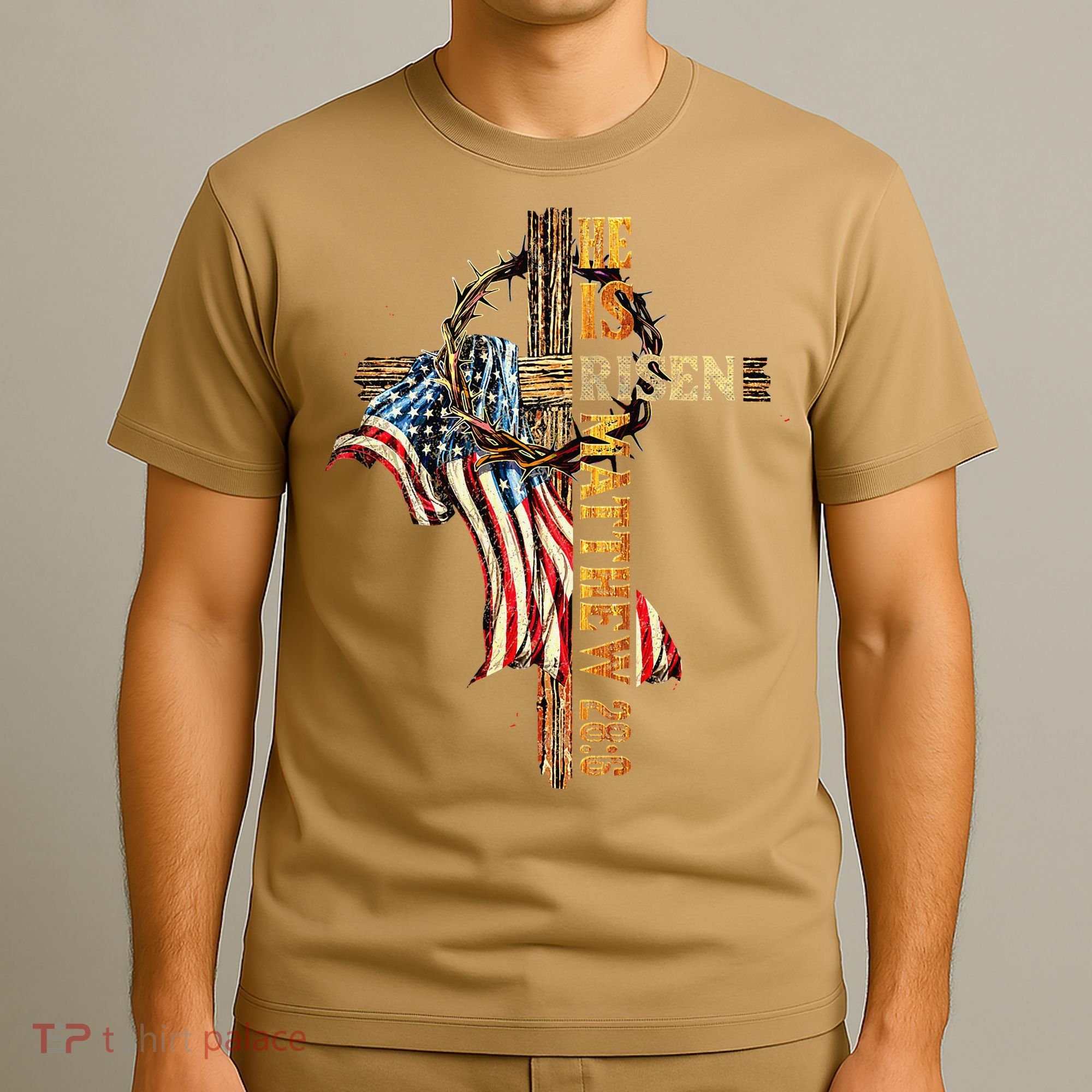 Easter Cross He Is Risen Jesus Christian USA Flag Women T-Shirt