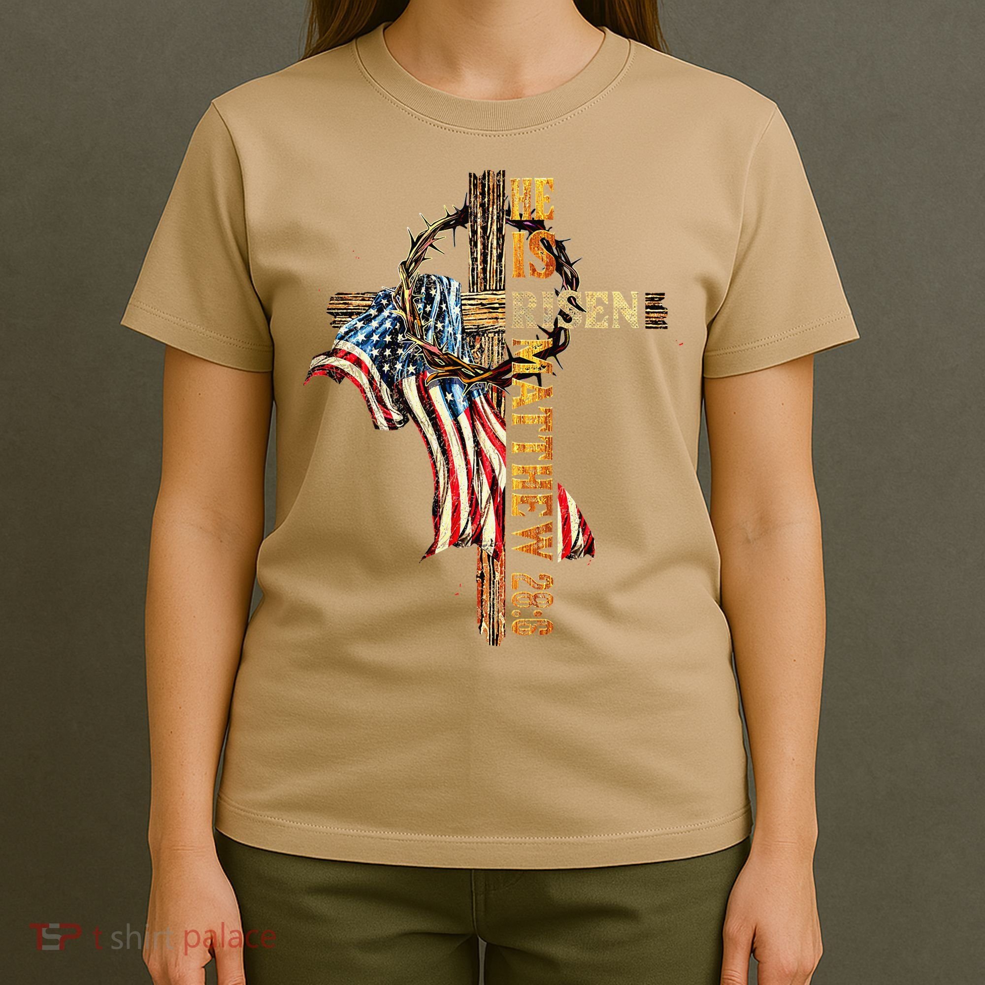Easter Cross He Is Risen Jesus Christian USA Flag Women T-Shirt