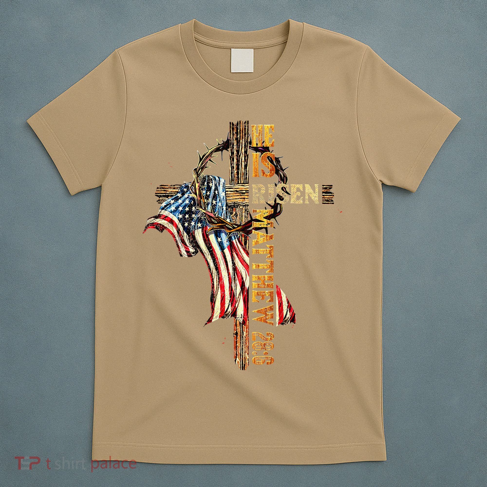 Easter Cross He Is Risen Jesus Christian USA Flag Women T-Shirt