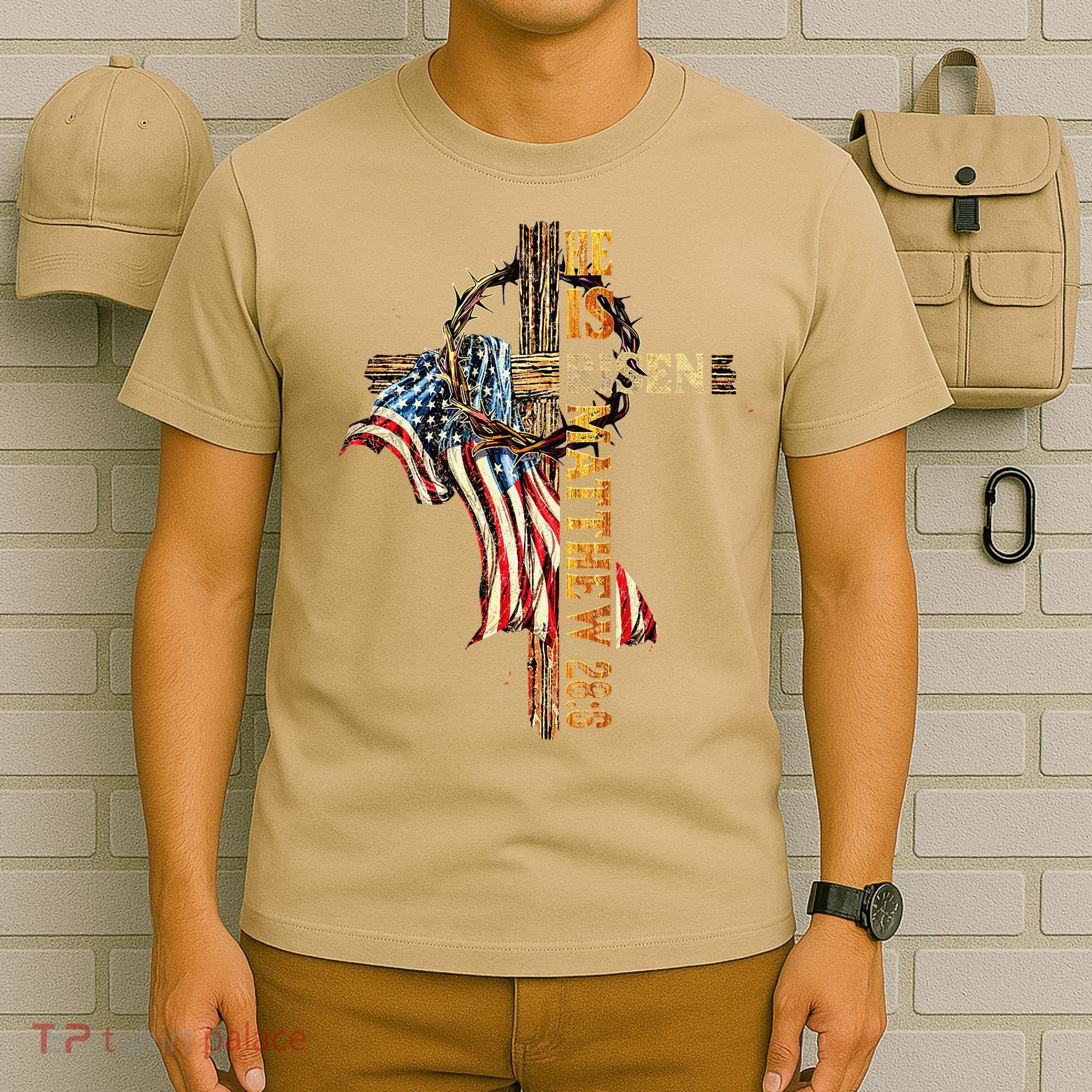 Easter Cross He Is Risen Jesus Christian USA Flag Women T-Shirt