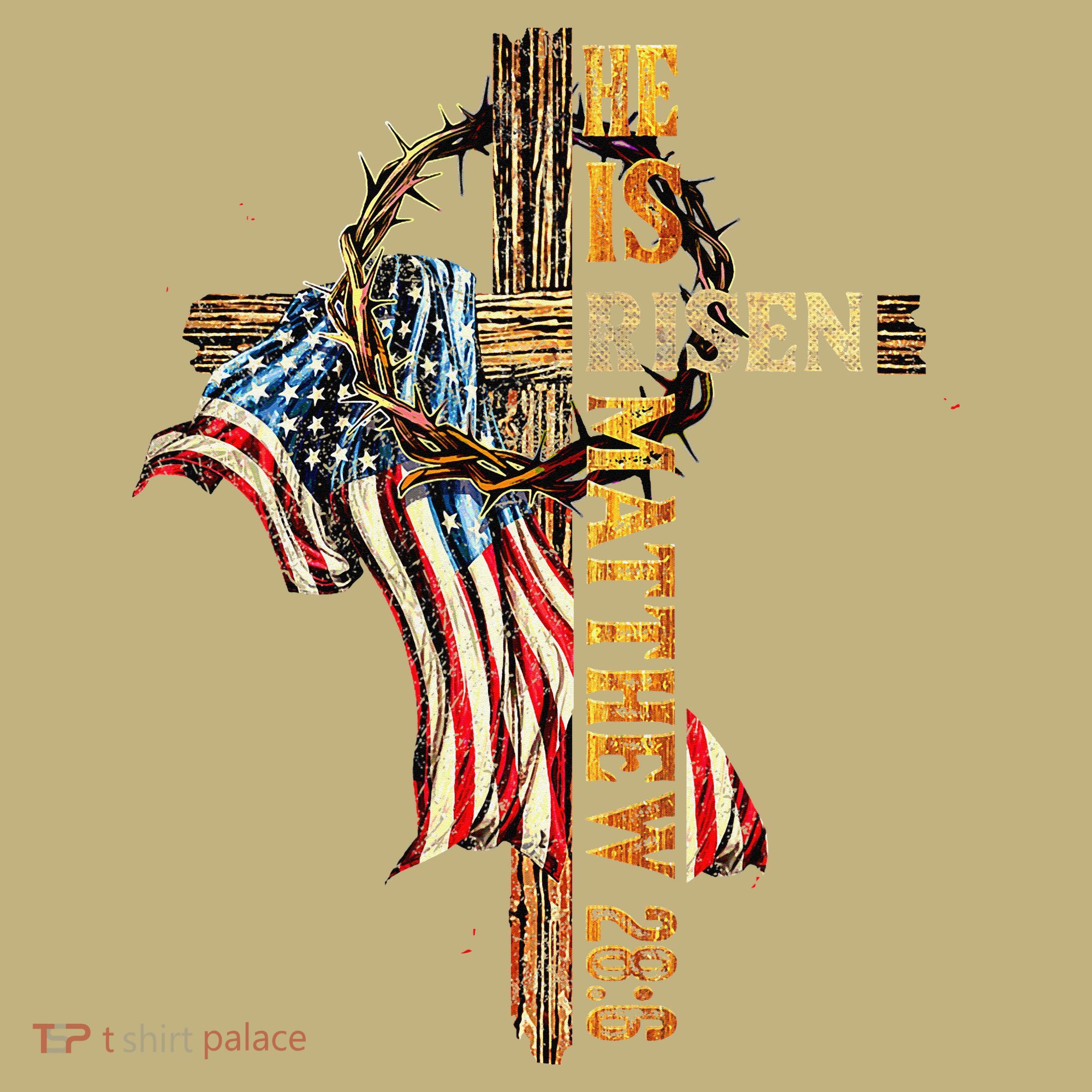 Easter Cross He Is Risen Jesus Christian USA Flag Women Kids T-Shirt