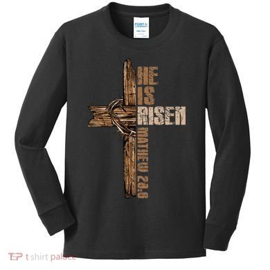 Easter Cross He Is Risen Jesus Christian Happy Easter Kids Long Sleeve Shirt