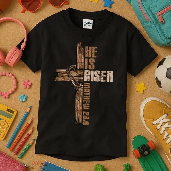 Easter Cross He Is Risen Jesus Christian Happy Easter Kids T-Shirt