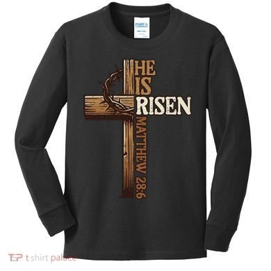 Easter Cross He Is Risen Jesus Christian Kids Long Sleeve Shirt
