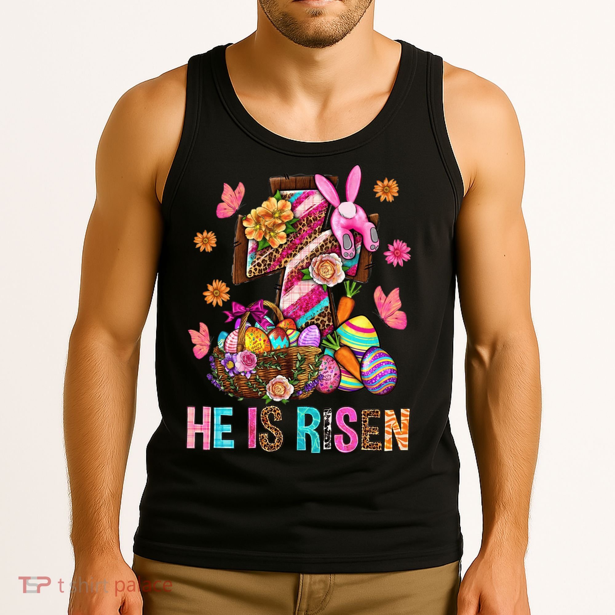 Easter Cross He Is Risen Jesus Christian Easter Day Tank Top