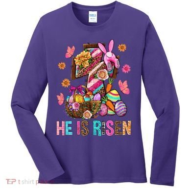 Easter Cross He Is Risen Jesus Christian Easter Day Women's Long Sleeve Shirt