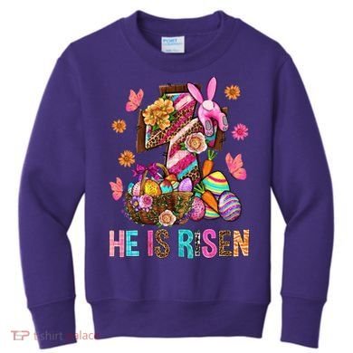 Easter Cross He Is Risen Jesus Christian Easter Day Kids Sweatshirt