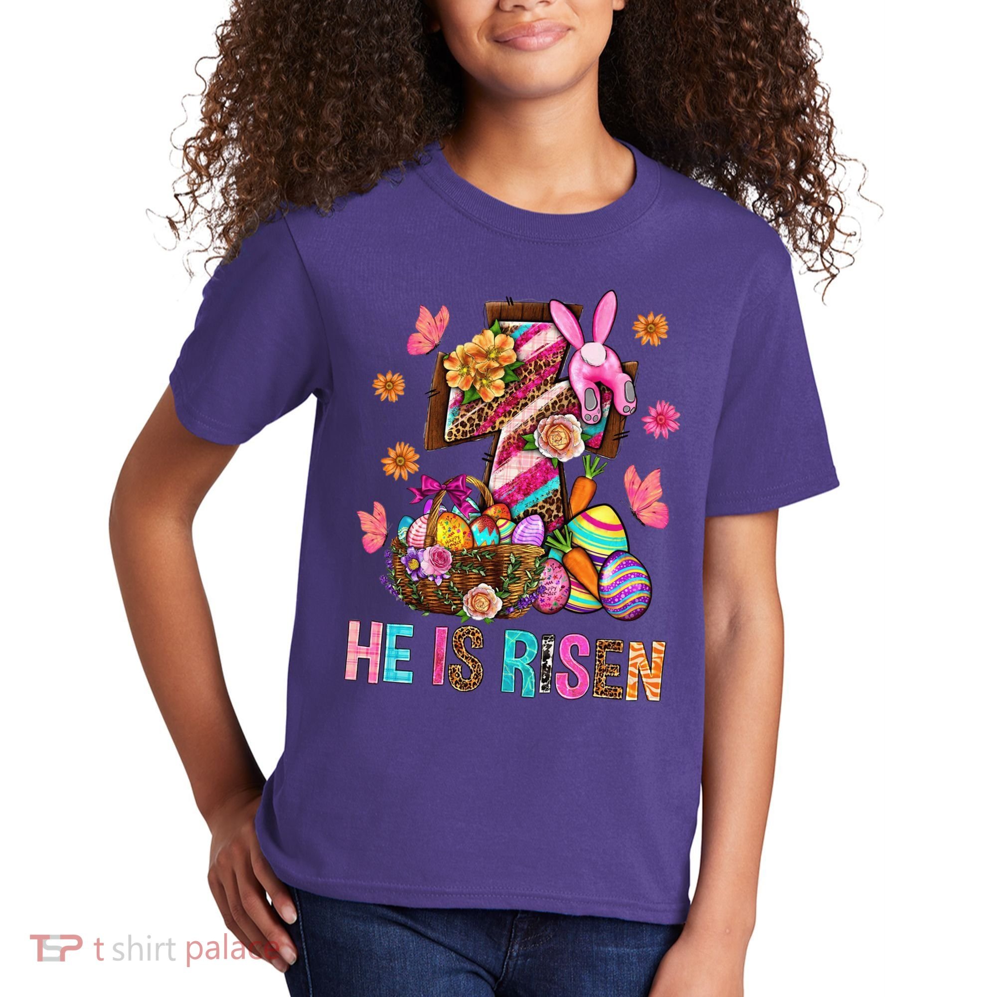 Easter Cross He Is Risen Jesus Christian Easter Day Kids T-Shirt