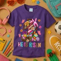 Easter Cross He Is Risen Jesus Christian Easter Day Kids T-Shirt thumb 3