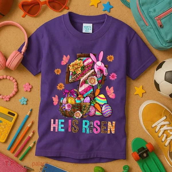 Easter Cross He Is Risen Jesus Christian Easter Day Kids T-Shirt