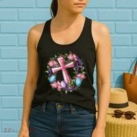 Easter Cross He Is Risen Jesus Christian Floral Style Women's Tank Top thumb 2