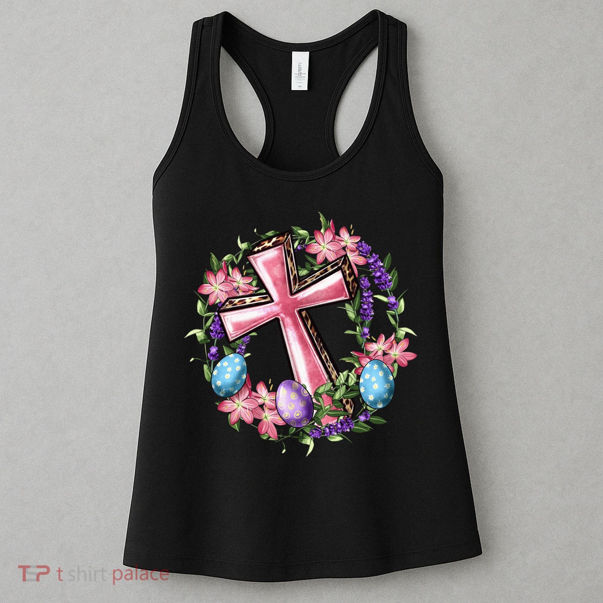 Easter Cross He Is Risen Jesus Christian Floral Style Women's Tank Top
