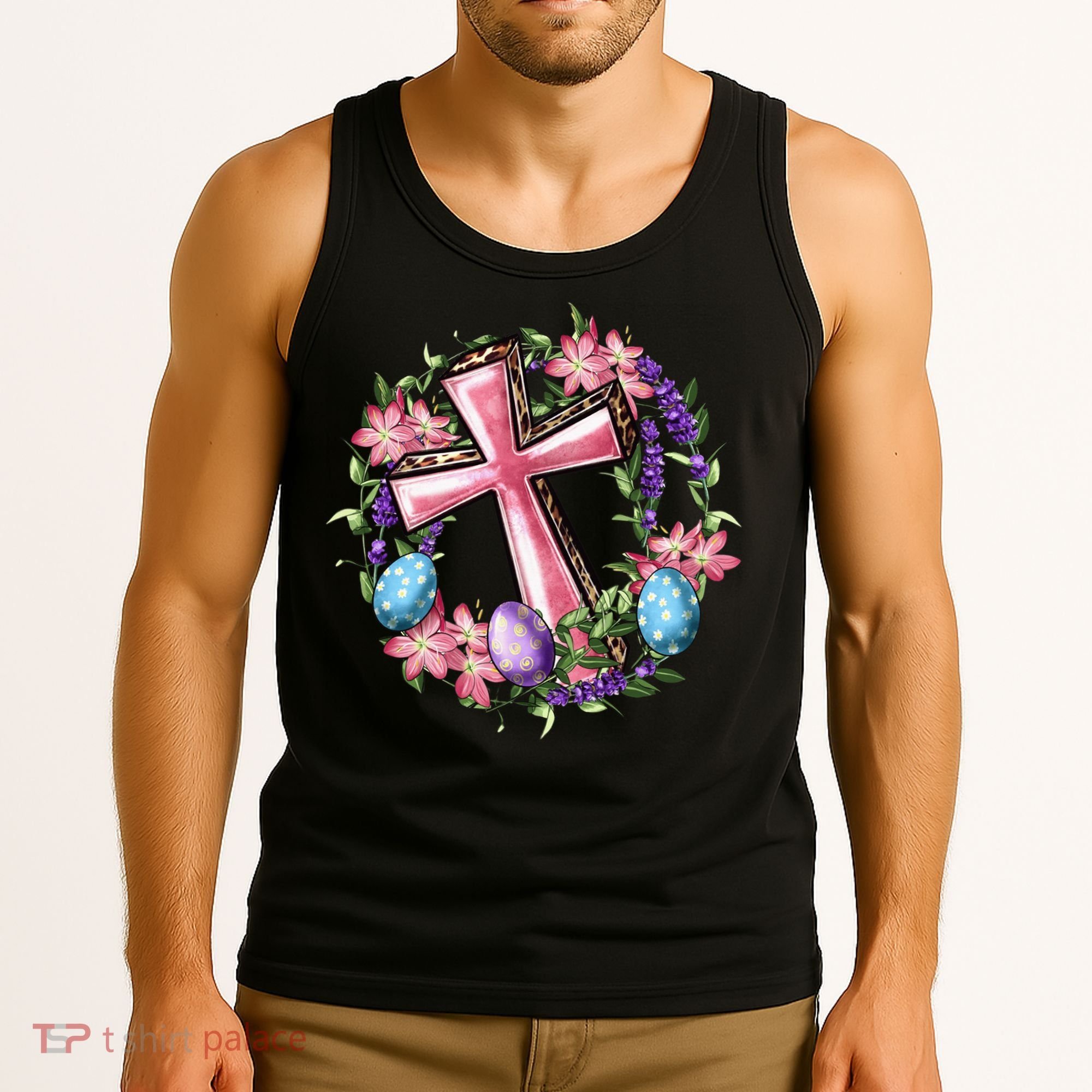 Easter Cross He Is Risen Jesus Christian Floral Style Tank Top