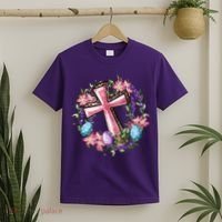Easter Cross He Is Risen Jesus Christian Floral Style T-Shirt thumb 2