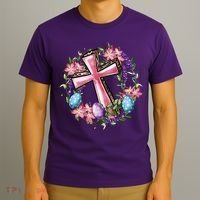 Easter Cross He Is Risen Jesus Christian Floral Style T-Shirt thumb 3