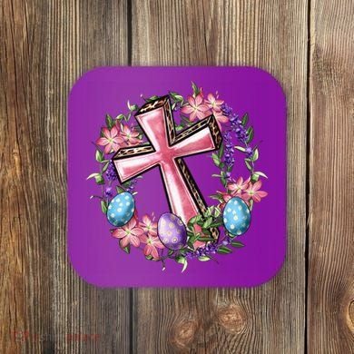Easter Cross He Is Risen Jesus Christian Floral Style Coaster