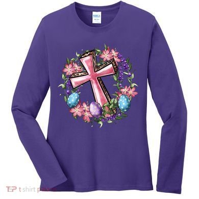 Easter Cross He Is Risen Jesus Christian Floral Style Women's Long Sleeve Shirt
