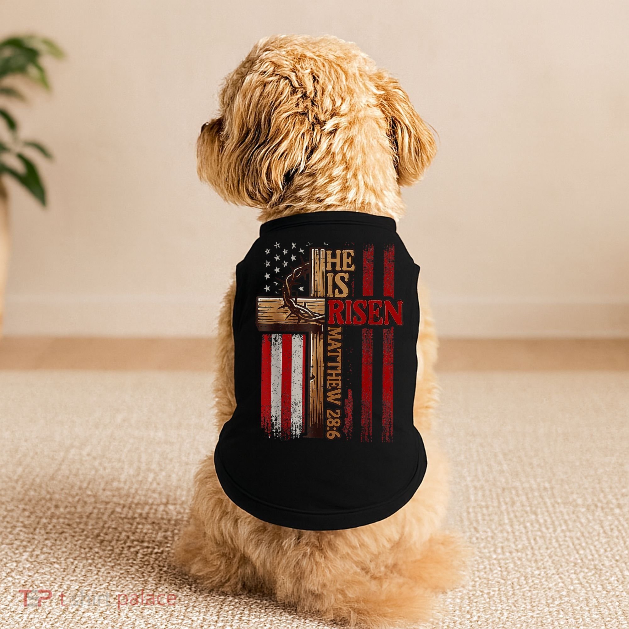 Easter Cross He Is Risen Jesus Christian Usa Flag Doggie Tank