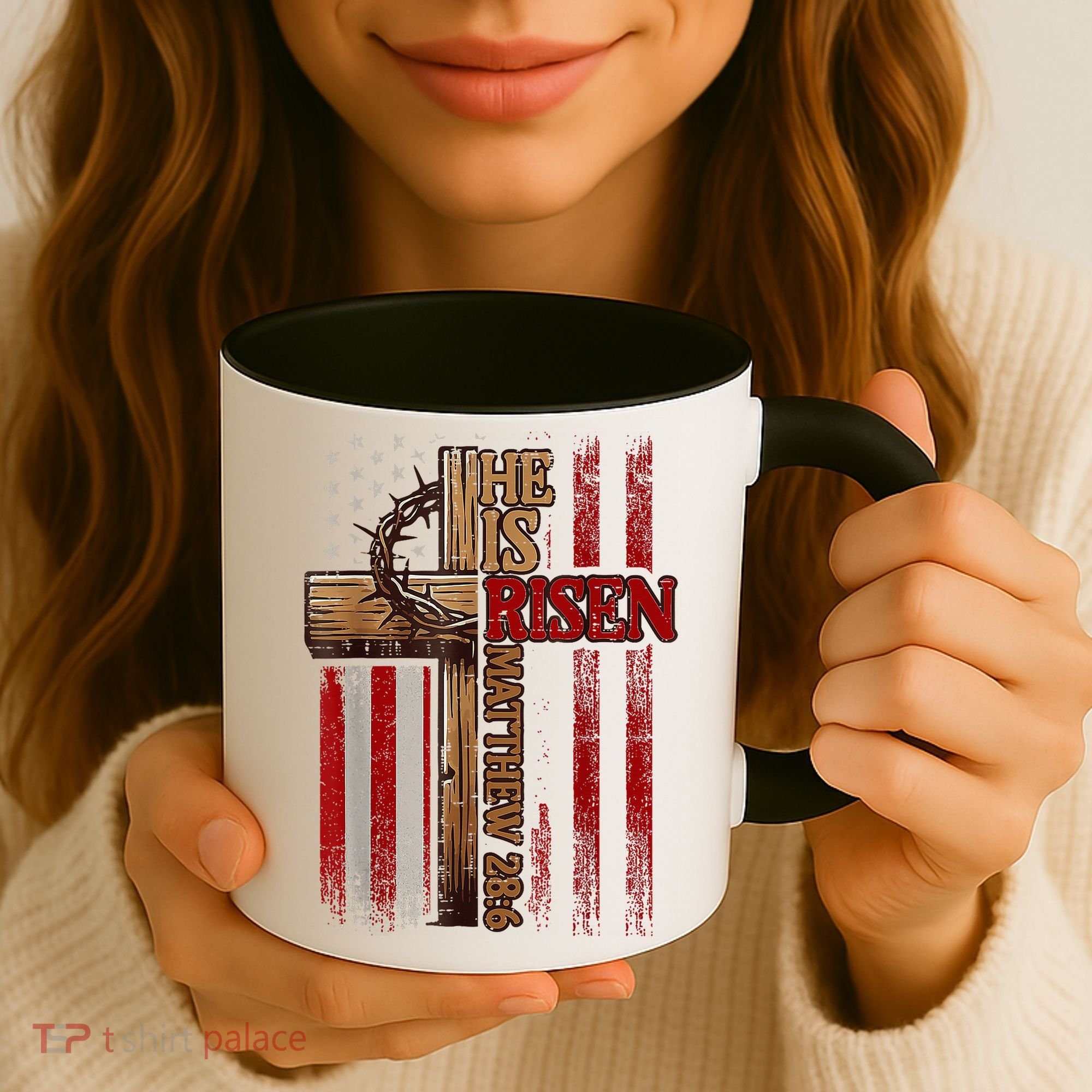 Easter Cross He Is Risen Jesus Christian Usa Flag Coffee Mug