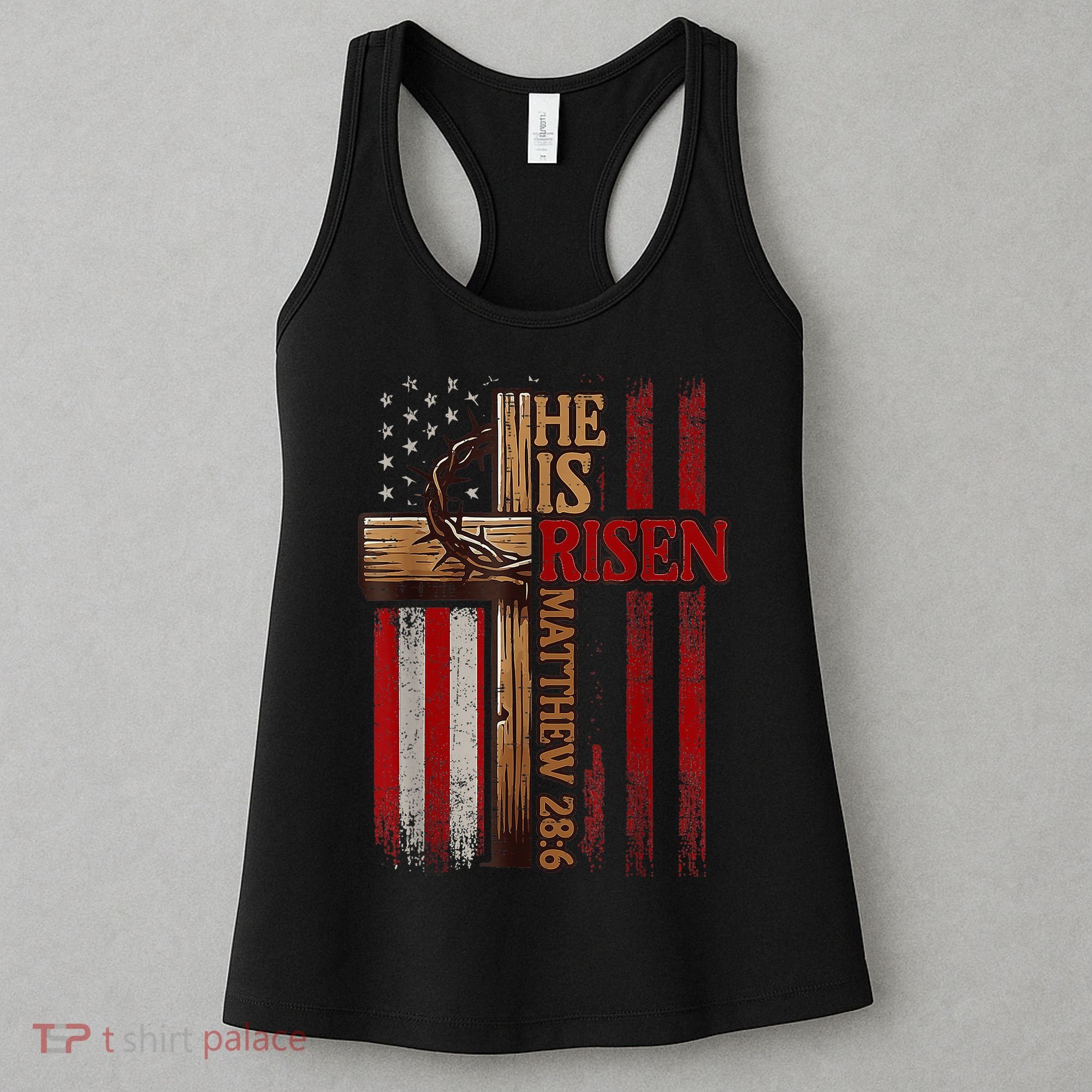Easter Cross He Is Risen Jesus Christian Usa Flag Women's Tank Top