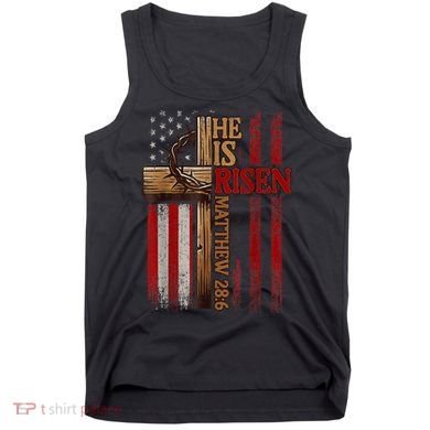 Easter Cross He Is Risen Jesus Christian Usa Flag Tank Top