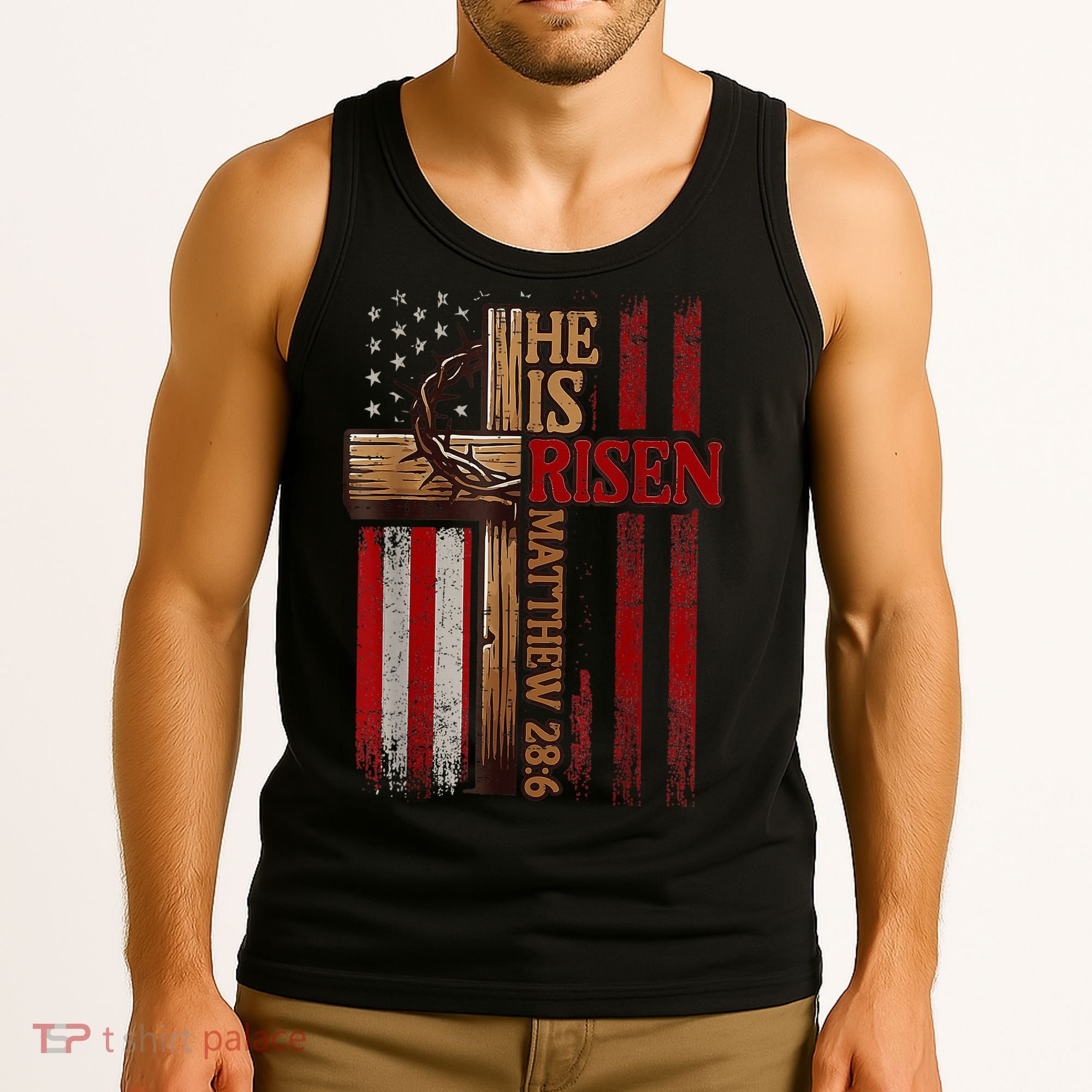 Easter Cross He Is Risen Jesus Christian Usa Flag Tank Top