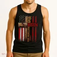 Easter Cross He Is Risen Jesus Christian Usa Flag Tank Top thumb 3