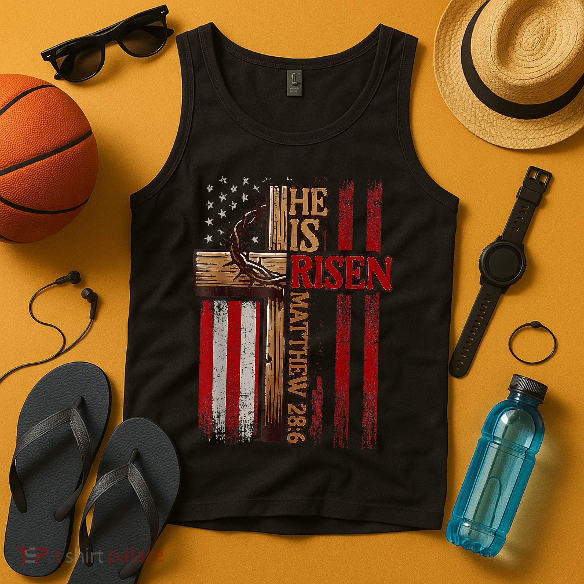 Easter Cross He Is Risen Jesus Christian Usa Flag Tank Top