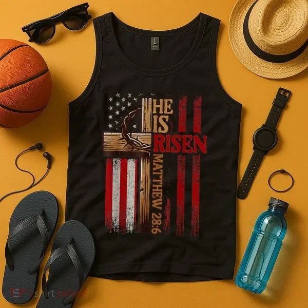 Easter Cross He Is Risen Jesus Christian Usa Flag Tank Top