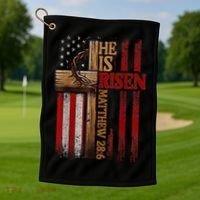 Easter Cross He Is Risen Jesus Christian Usa Flag Golf Towel thumb 1