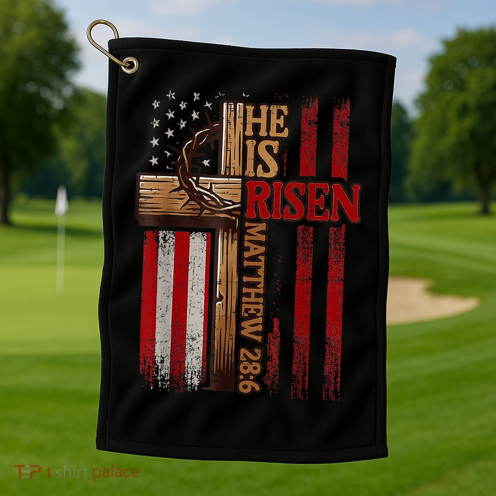 Easter Cross He Is Risen Jesus Christian Usa Flag Golf Towel