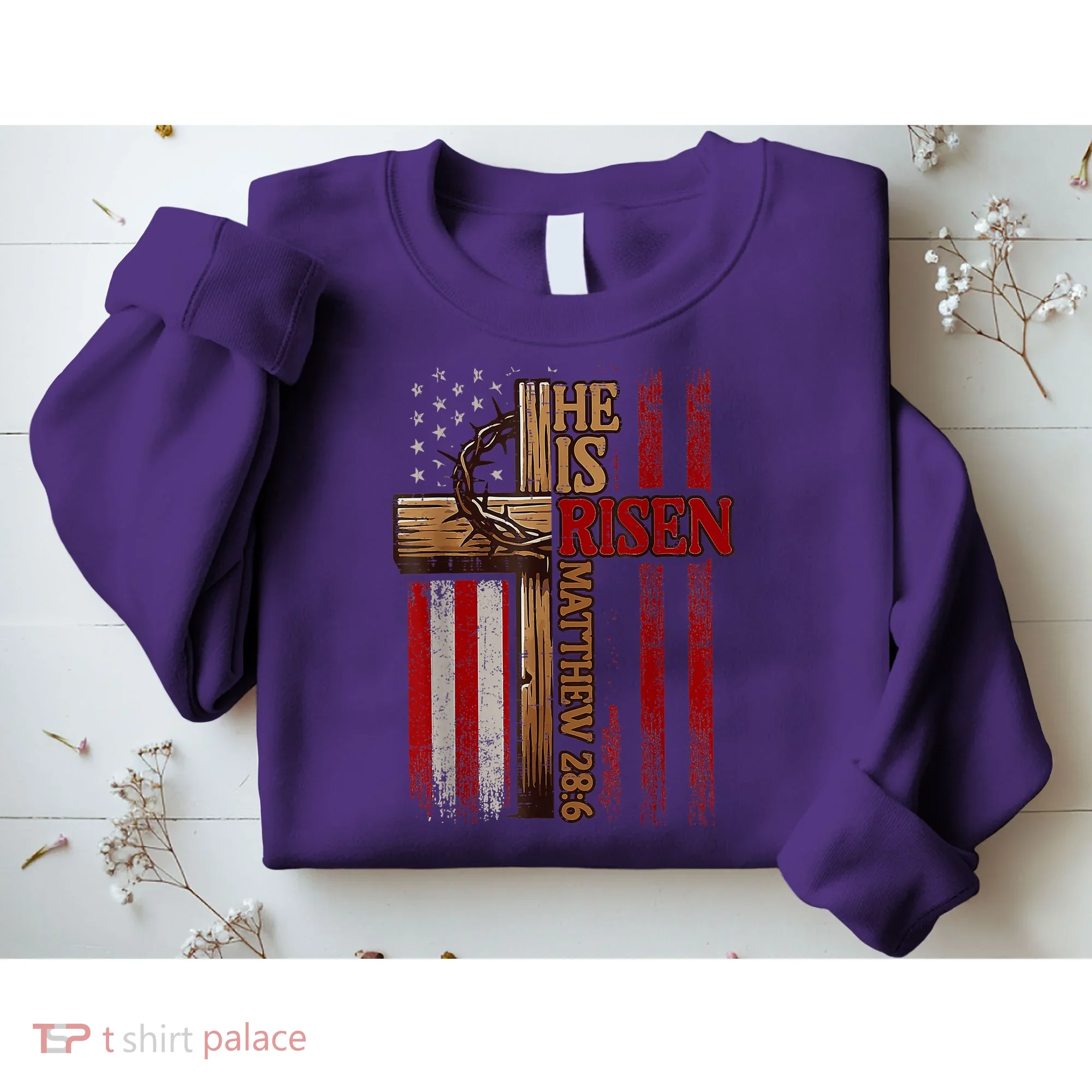 Easter Cross He Is Risen Jesus Christian Usa Flag Sweatshirt
