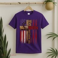 Easter Cross He Is Risen Jesus Christian Usa Flag T-Shirt thumb 2