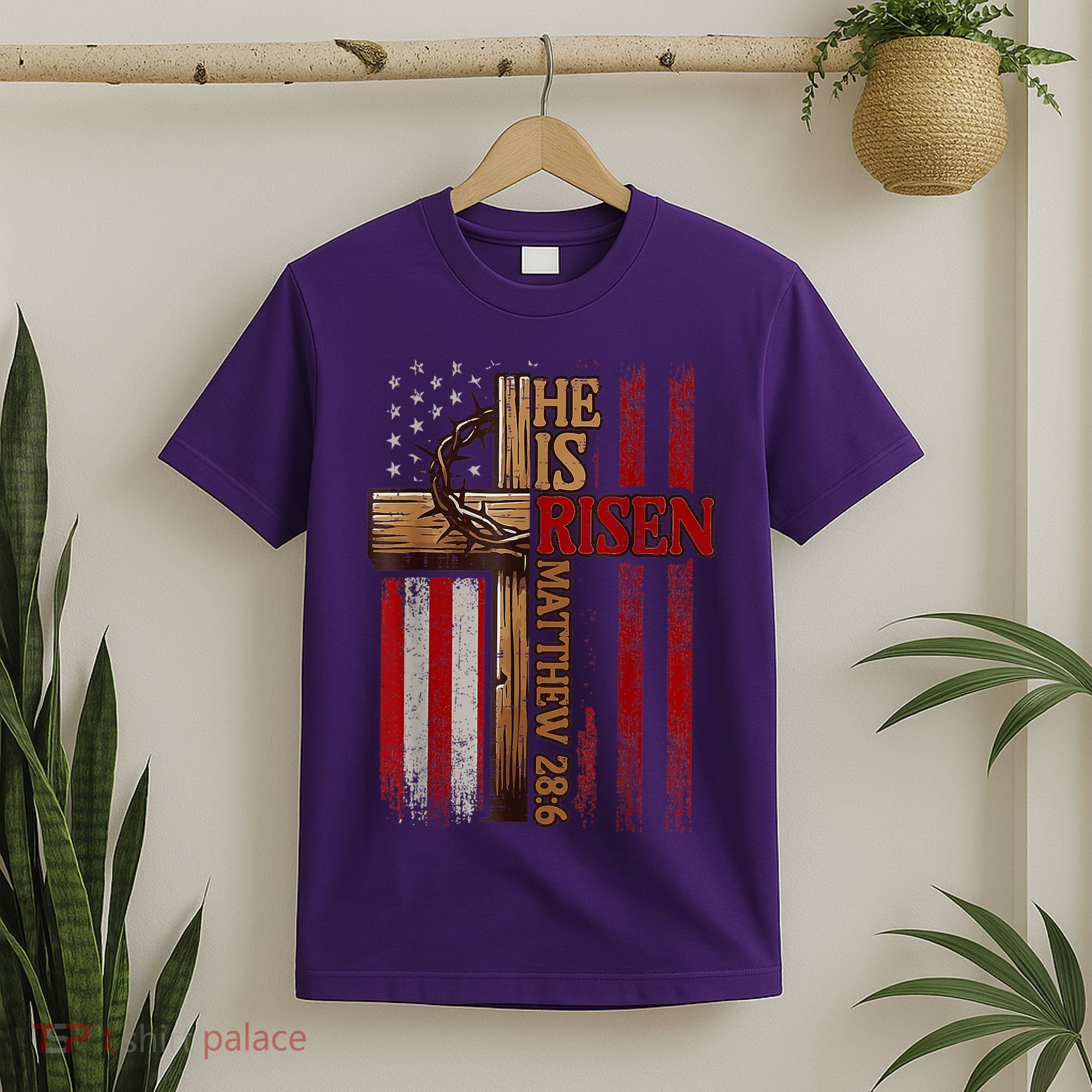 Easter Cross He Is Risen Jesus Christian Usa Flag T-Shirt