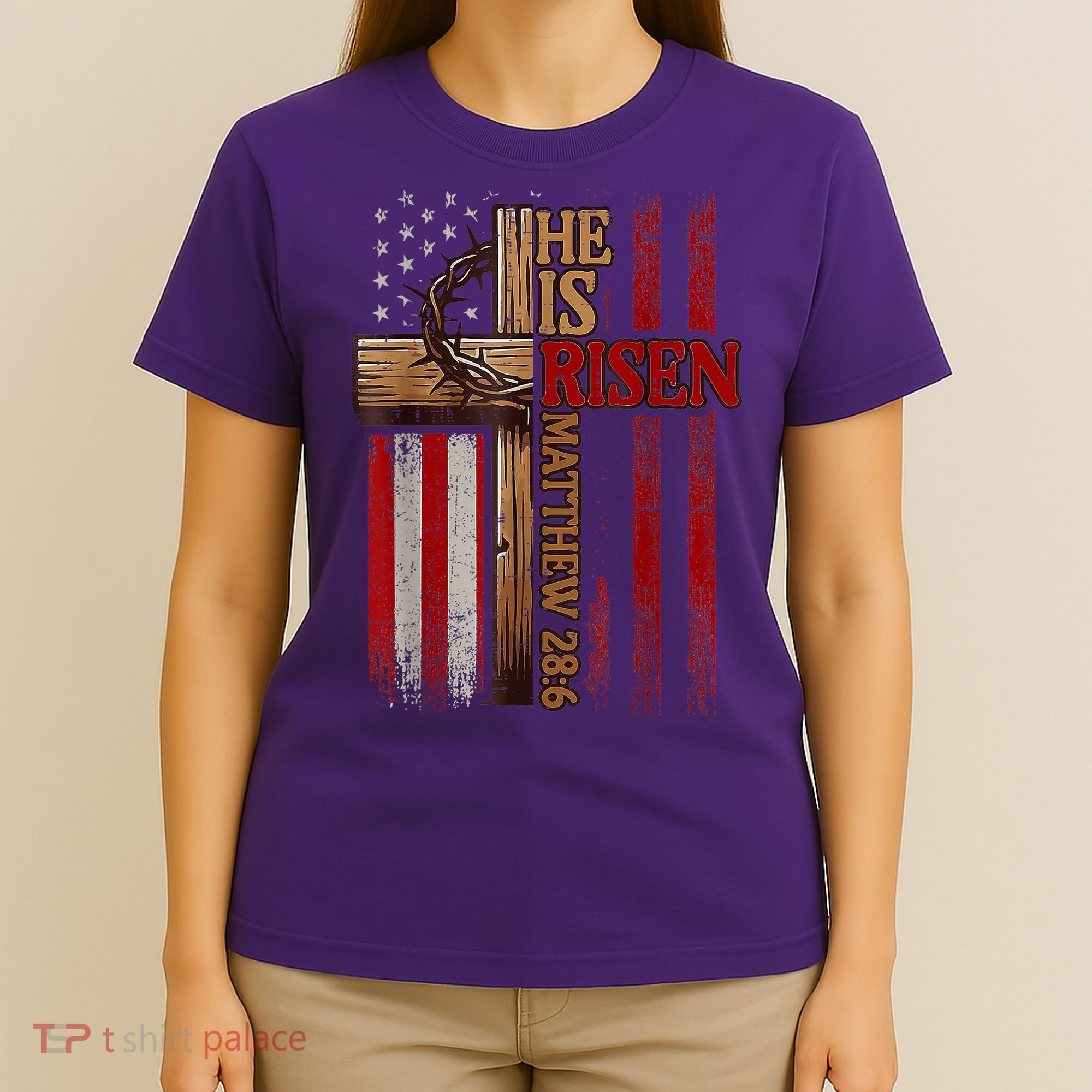 Easter Cross He Is Risen Jesus Christian Usa Flag T-Shirt