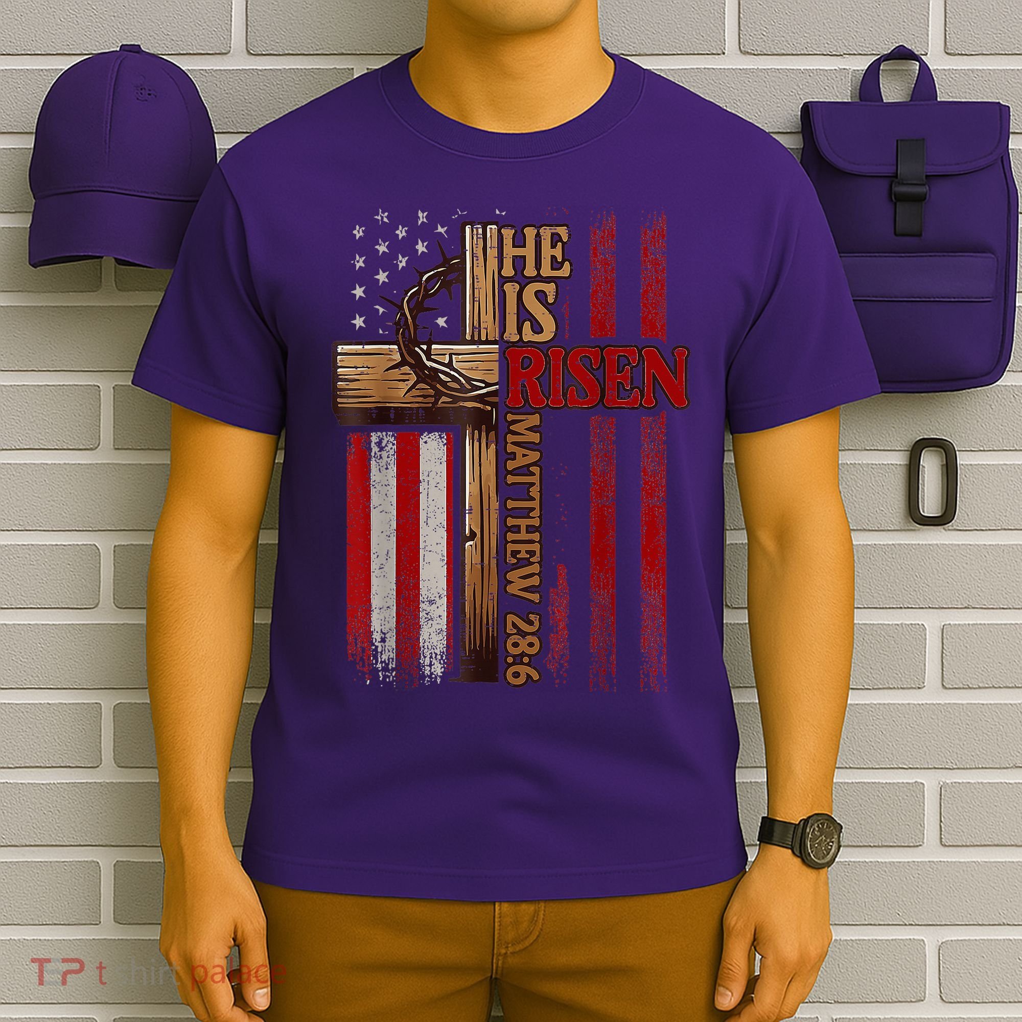 Easter Cross He Is Risen Jesus Christian Usa Flag T-Shirt