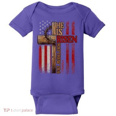 Easter Cross He Is Risen Jesus Christian Usa Flag Baby Bodysuit