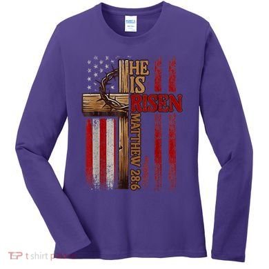 Easter Cross He Is Risen Jesus Christian Usa Flag Women's Long Sleeve Shirt