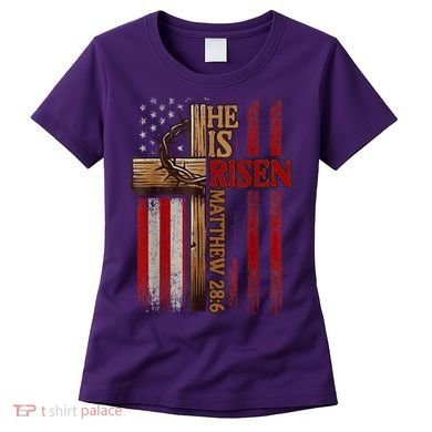 Easter Cross He Is Risen Jesus Christian Usa Flag Women's T-Shirt