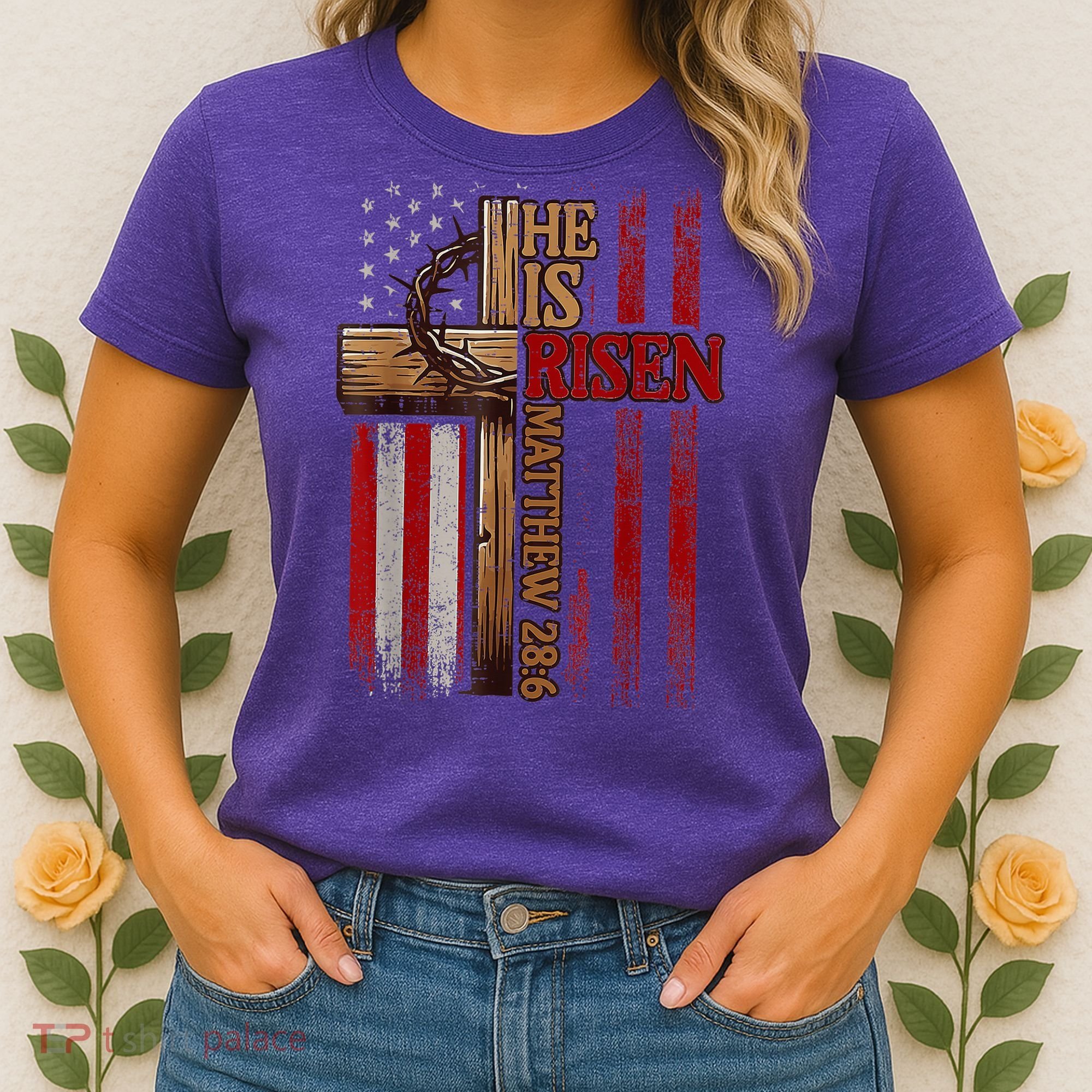 Easter Cross He Is Risen Jesus Christian Usa Flag Women's T-Shirt