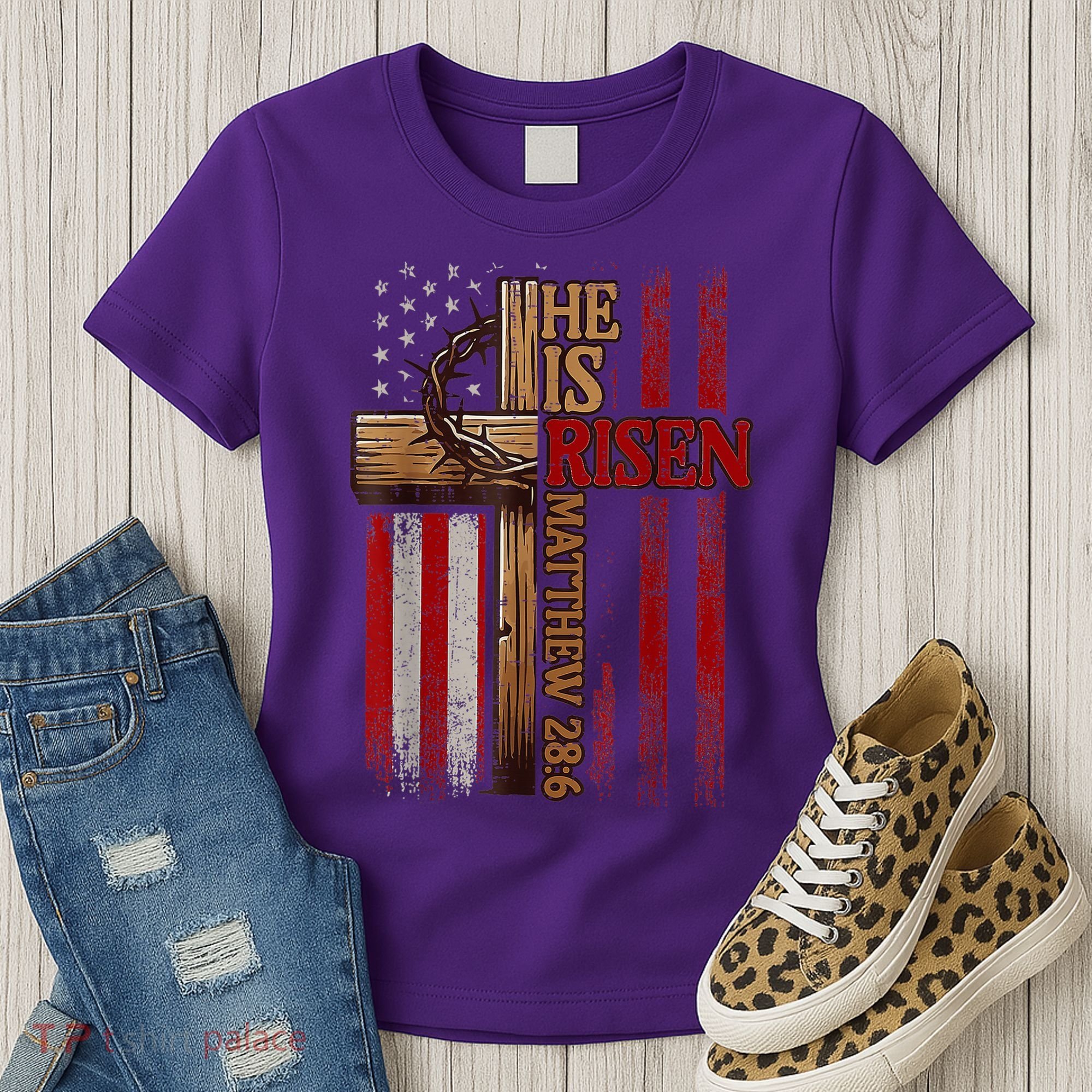 Easter Cross He Is Risen Jesus Christian Usa Flag Women's T-Shirt